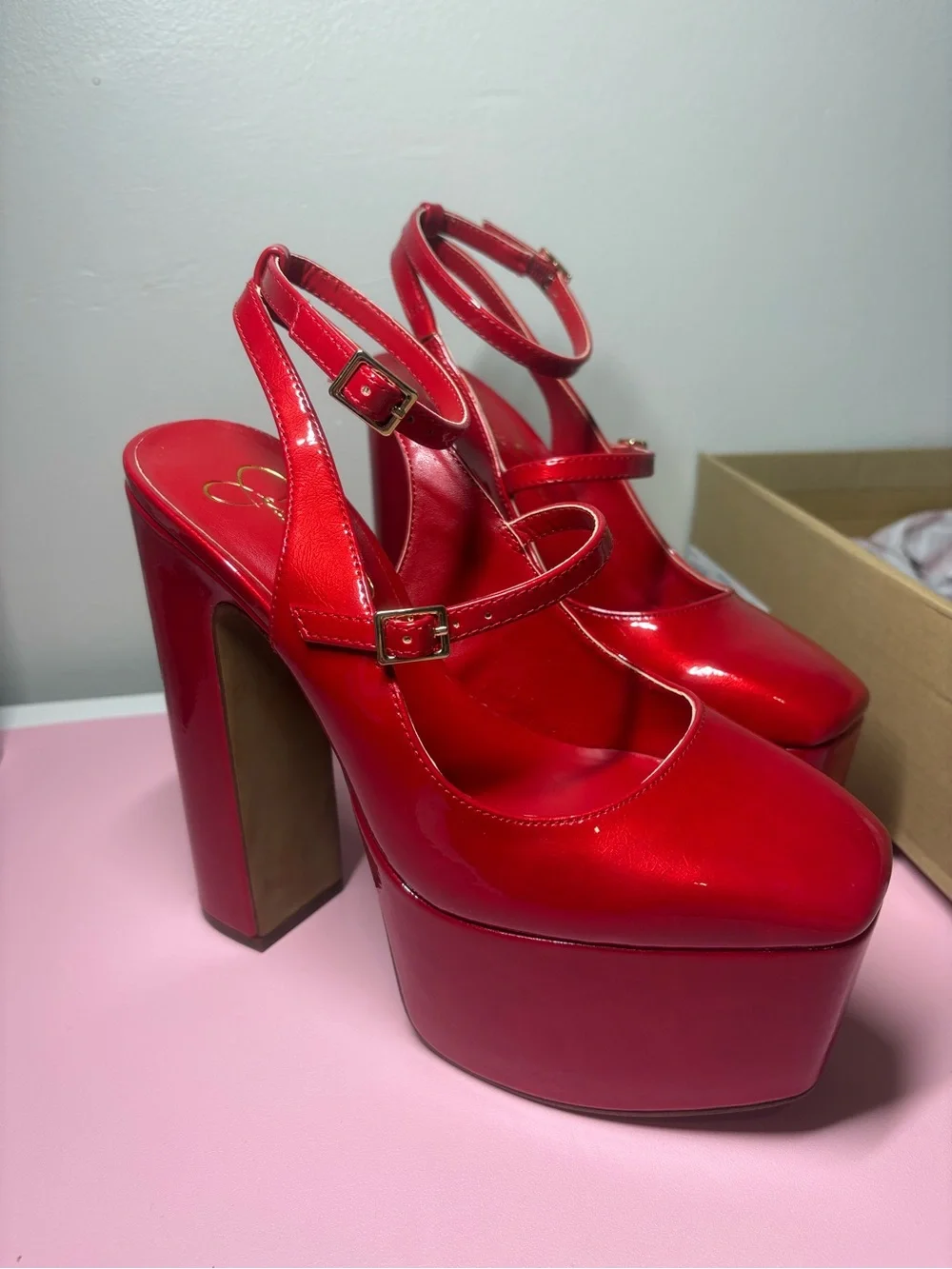 NIB Jessica Simpson Pialley Red Patent Platform Mary Jane Heels with Ankle Strap